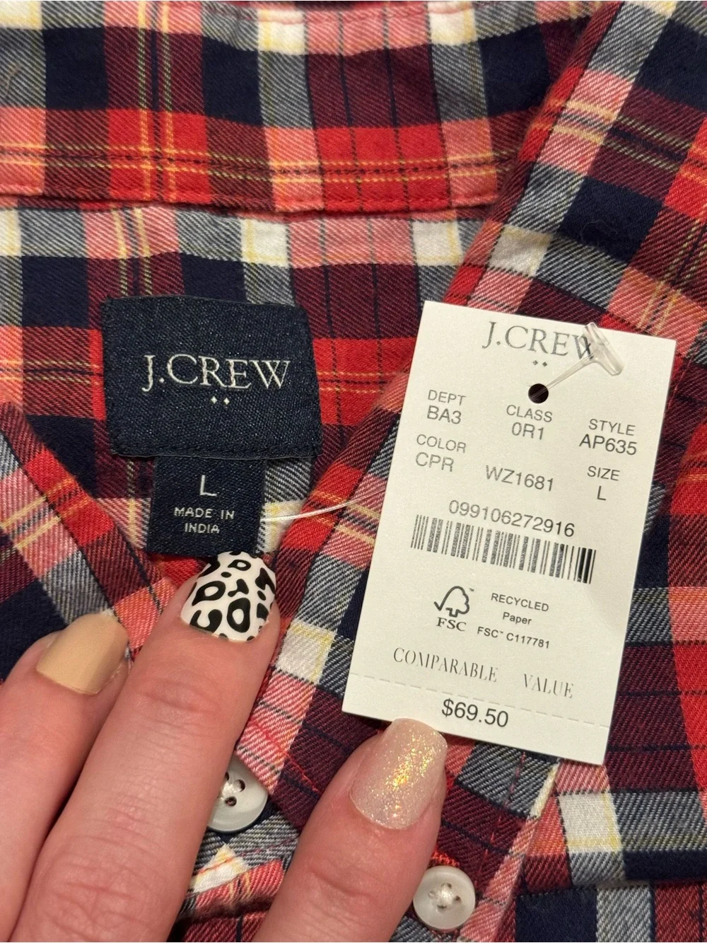 NWT J.Crew Re-Imagined Mens Brushed Twill Plaid Button Down Shirt Large Red Navy